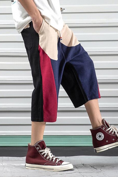 Guys Chinese Style Cotton and Linen Fashion Colorblock Loose Relaxed Cropped Pants