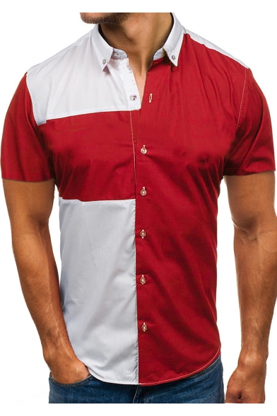 Guys Stylish Two-Tone Colorblocked Short Sleeve Button Down Fitted Shirt