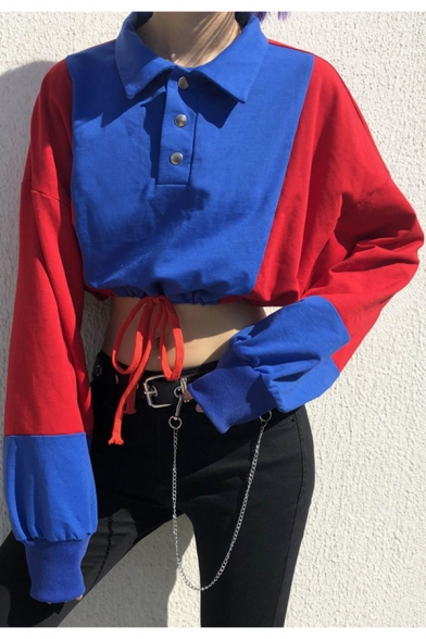 Hip Hop Style Girls Button Lapel Collar Vintage Blue and Red Colorblock Drawstring Hem Crop Sweatshirt