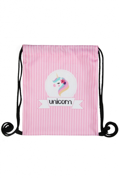 Hot Fashion Cartoon Unicorn Letter Stripe Printed Pink Drawstring Storage Bag Backpack 30*39 CM