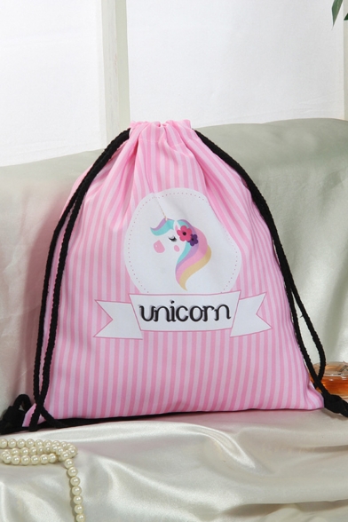 Hot Fashion Cartoon Unicorn Letter Stripe Printed Pink Drawstring Storage Bag Backpack 30*39 CM