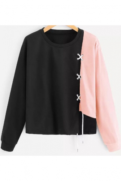 Hot Fashion Colorblock Drawstring Detail Round Neck Long Sleeve Pullover Sweatshirt for Women