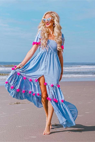 Hot Fashion Square Neck Sleeveless Plain Split Side Embellished Maxi Boho Beach Slip Dress