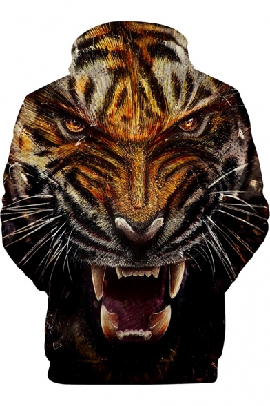 Hot Popular 3D Tiger Head Pattern Long Sleeve Khaki Pullover Drawstring Hoodie