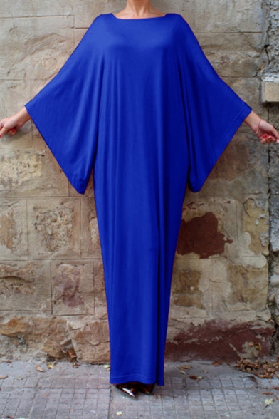 Hot Trendy Solid Color Round Neck Long Sleeve Elegant Maxi Casual Kaftan Evening Dress Muslim Dress