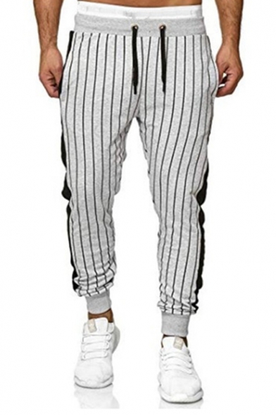 Men's New Trendy Vertical Striped Printed Drawstring Waist Slim Fit Cotton Joggers Pants