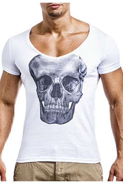 Men's Sexy V-Neck Short Sleeve Skull Printed Slim Fitted T-Shirt