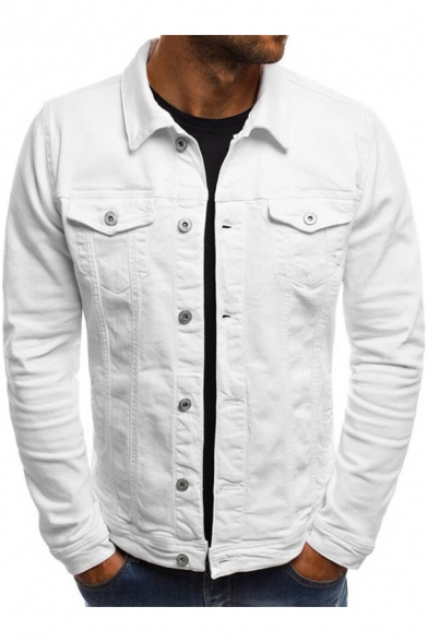 Mens Basic Simple Plain Long Sleeve Double Pocket Front Button Down Fitted Denim Jacket