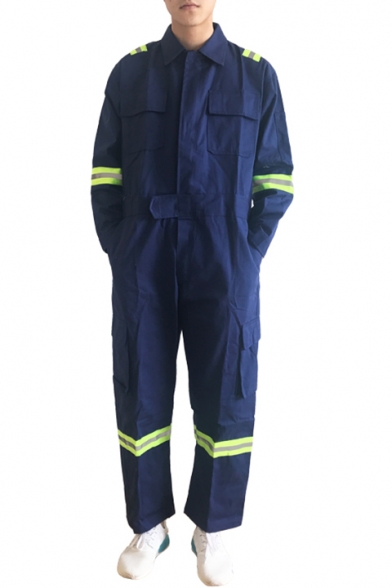 Mens Dark Blue Fashion Reflective Tape Patched Long Sleeve Cotton Workwear Mechanic Coveralls