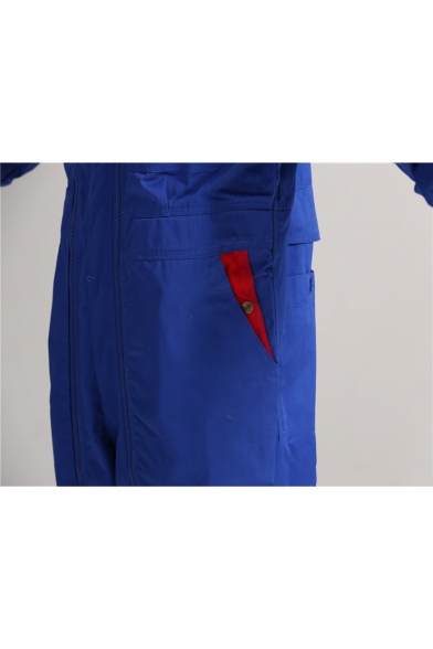 Mens Stylish Color Block Simple Plain Double Zipper Front Long Sleeve Blue Workwear Mechanic Coveralls