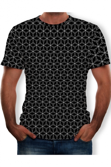 New Fashion Allover Diamond Printed Round Neck Short Sleeve Black T-Shirt