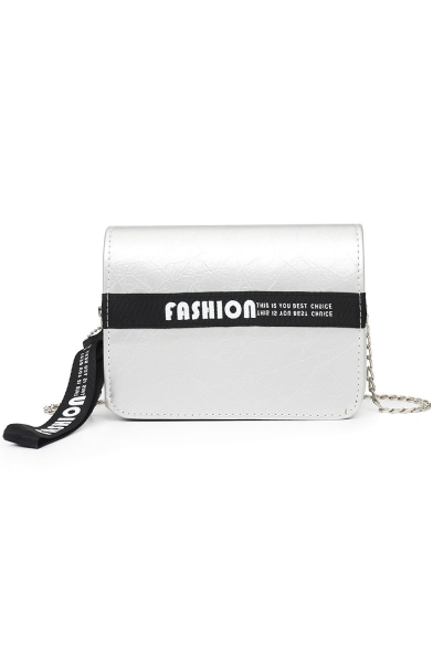 New Simple FASHION Letter Pattern Ribbon Embellishment Silver PU Leather Crossbody Bag 14*20*6 CM