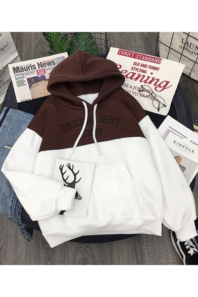 New Stylish GREENLIGHT SIGH Letter Embroidered Colorblock Drawstring Hood Long Sleeve Hoodie for Women