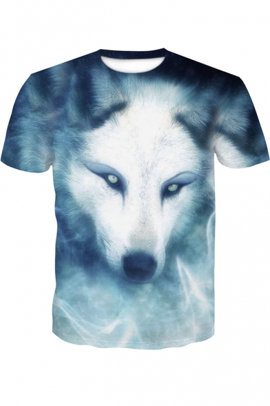 New Trendy 3D Blue Wolf Pattern Round Neck Short Sleeve T-Shirt