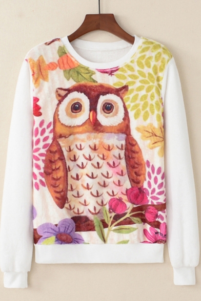 New Trendy Night Owl Printed Round Neck Long Sleeve Coral Fleece White Sweatshirt