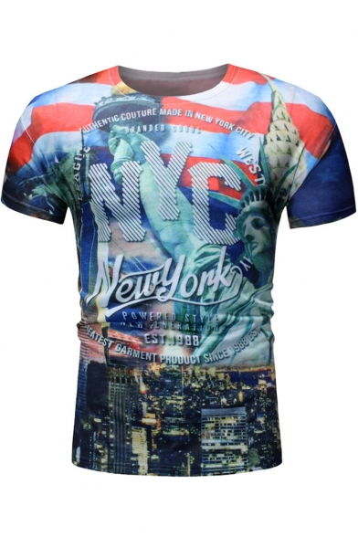New York Statue of Liberty Printed Round Neck Short Sleeve Blue T-Shirt