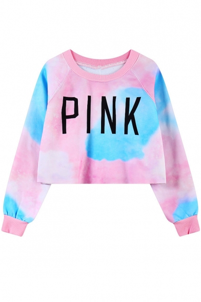 PINK Letter Tie Dye Round Neck Long Sleeve Cropped Pullover Sweatshirt