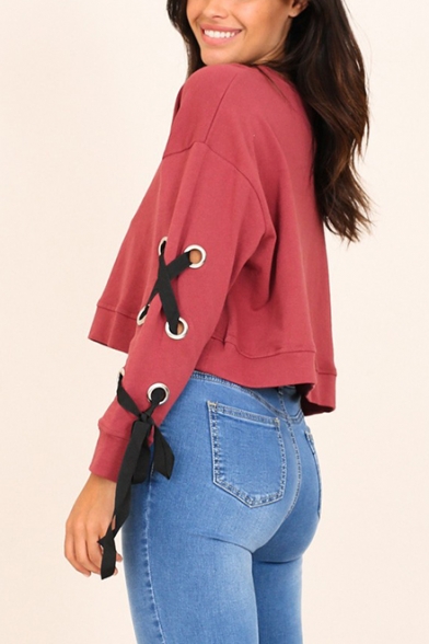 Pink Plain Round Neck Lace Up Bow Tie Long Sleeve Cropped Pullover Sweatshirt