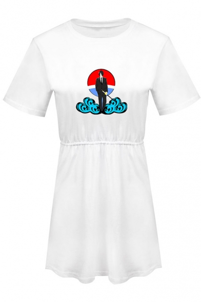 Popular Comic Character Cloud Printed Round Neck Short Sleeve Mini A-Line T-Shirt Dress