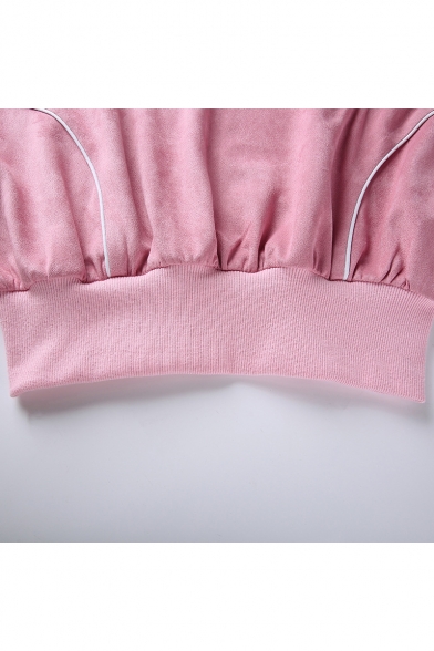 Popular Cool Letter ROCK MORE Embroidery Cold Shoulder Long Sleeve Pink Crop Sweatshirt