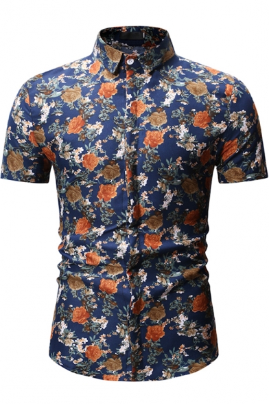 Popular Summer Chic Floral Printed Basic Short Sleeve Slim Fit Button Shirt for Men