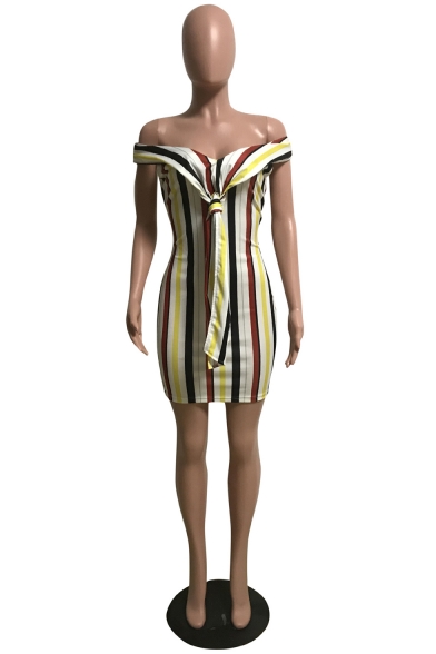 Sexy Off Shoulder Colorblock Striped Printed Bow Tie Patchwork Cut Out Back Mini Bodycon Dress
