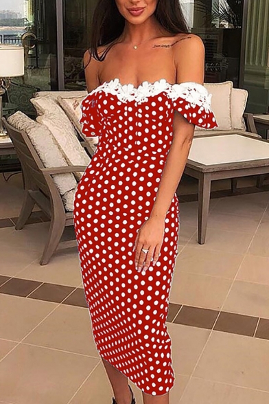 Sexy Red and White Polka Dot Printed Off the Shoulder Lace Embellished Midi Pencil Dress