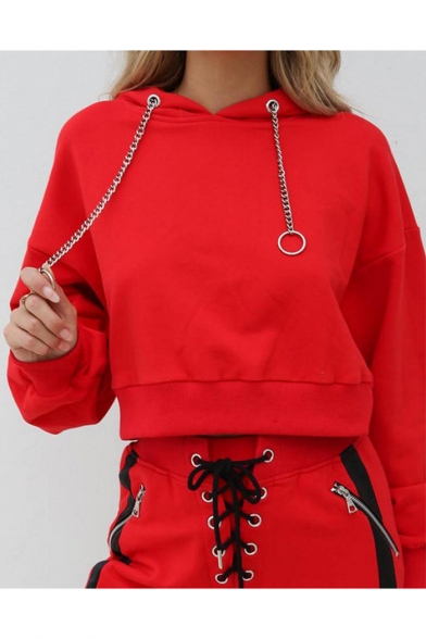 Solid Color Batwing Sleeve Metal Chain Drawstring Cropped Hoodie