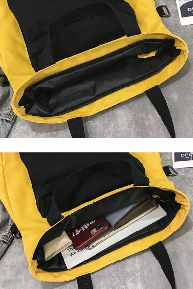 Stylish Color Block Letter PEACE Embroidery Flat Pocket Front Large Capacity Canvas Shoulder Bag for School 34.5*37*9 CM