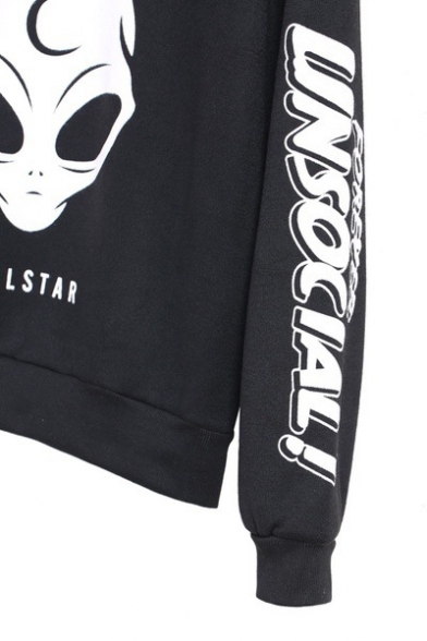 Stylish Cool Alien Letter UNSOCIAL Printed Basic Round Neck Long Sleeve Black Casual Sweatshirt