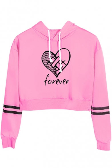 Stylish Heart Letter FOREVER Striped Long Sleeve Casual Loose Cropped Hoodie