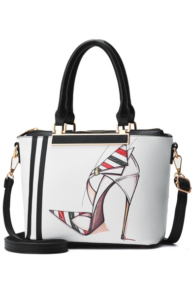 Stylish High Heel Stripe Printed White PU Leather Zipper Satchel Handbag 23*12*19 CM