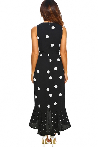 Stylish Sleeveless V-Neck Polka Dot Print Tie Waist Midi Asymmetric Black Dress For Women