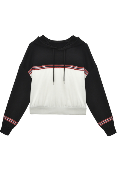 Stylish Women's Colorblock Tape Stripe Patched Long Sleeve Drawstring Hood White Cropped Hoodie