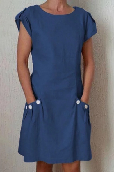 Summer Basic Simple Plain Round Neck Short Sleeve Button Pocket Mini A-Line Dress