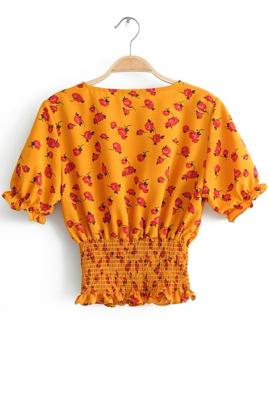 Summer Chic Floral Printed V-Neck Short Sleeve Gathered Waist Crop Blouse Top