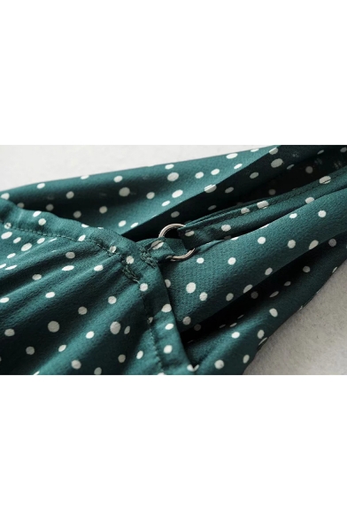 Summer Chic Green Polka Dot Printed V-Neck Sleeveless Drawstring Waist Mini Cami Dress