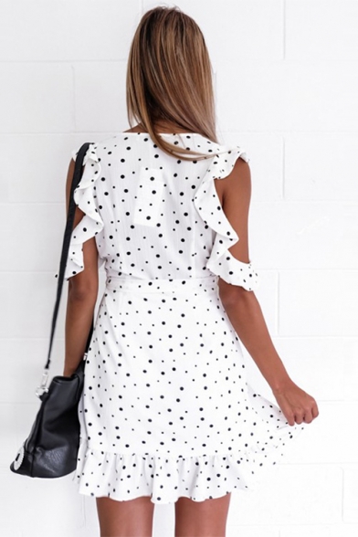Summer Chic White Polka Dot Pattern V-Neck Cold Shoulder Tied Waist Mini A-Line Ruffle Dress