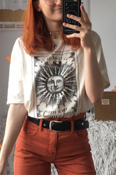 Summer Cool Unique Funny Cartoon Sun and Moon Print Apricot Casual Tee