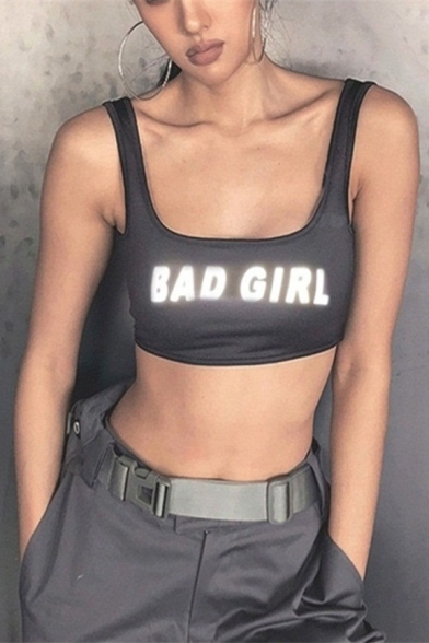 Summer Funny BAD GIRL Letter Scoop Neck Sleeveless Sport Slim Fit Crop Tank For Women