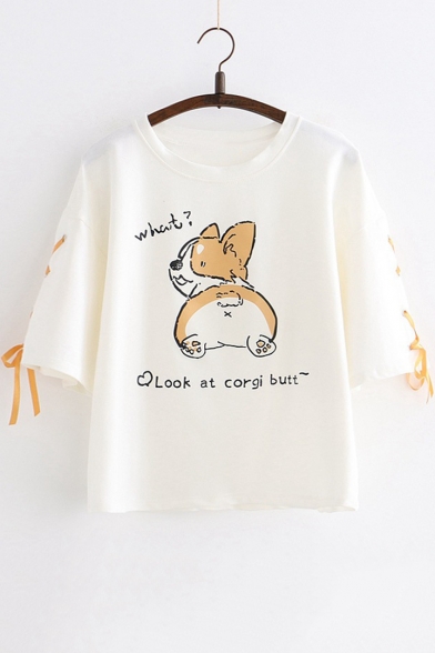 Summer Girls Cartoon Dog Letter WHAT Print Lace-Up Sleeve Loose Casual T-Shirt