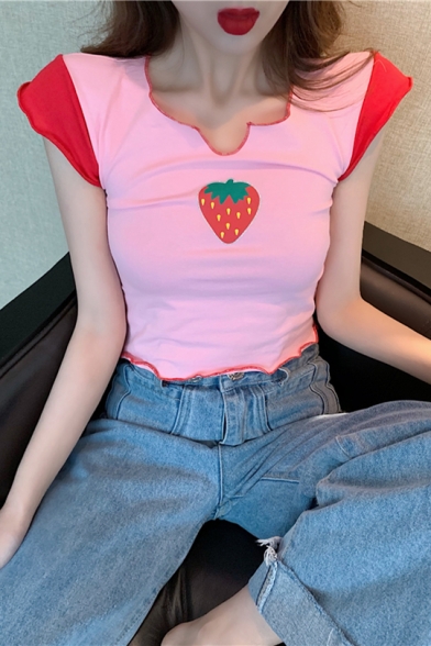 Summer Girls Pink Cute Strawberry Print Slim Fit Cropped T-Shirt