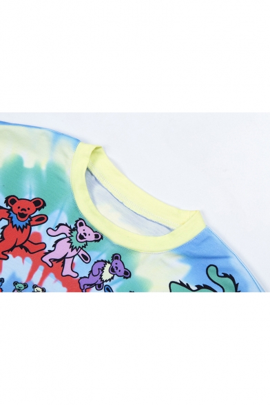 Summer Lovely Round Neck Short Sleeve Tie Dye Cartoon Bear Whirlpool Print Cropped Tee