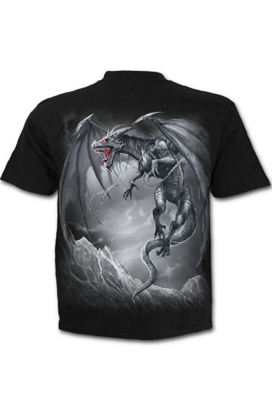 Summer New Stylish Stand Collar Short Sleeve 3D Dragon Print Black T-Shirt For Men