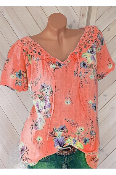Summer New Stylish V-Neck Short Sleeve Floral Print Lace Hem T-Shirt For Women