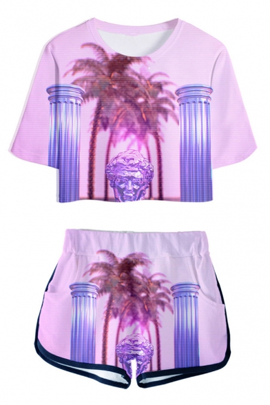 Summer New Stylish Vaporwave Cool 3D Printed Cropped Tee Dolphin Shorts Sport Two-Piece Set
