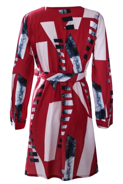 Summer Trendy Geometric Pattern Round Neck Long Sleeve Tied Waist Midi A-Line Dress