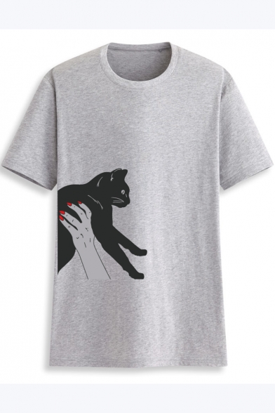 Summer Trendy Simple Cat Printed Short Sleeve Round Neck T-Shirt For Girls