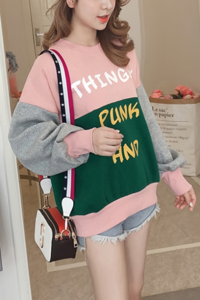 

THING PUNK AND Letter Colorblock Round Neck Long Sleeve Loose Sweatshirt, LM530631