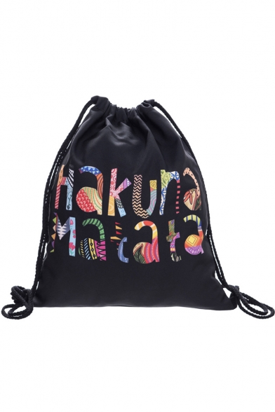 Trendy Colored Letter Printed Black Storage Bag Drawstring Backpack 30*39 CM